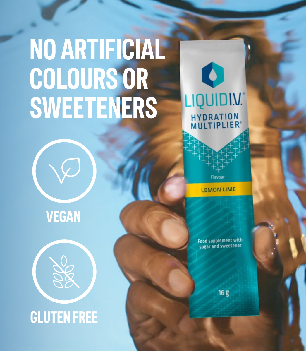 Liquid I.V. Hydration Multiplier Lemon-Lime stick held in hand with text highlighting ‘No Artificial Colours or Sweeteners,’ ‘Vegan,’ and ‘Gluten Free